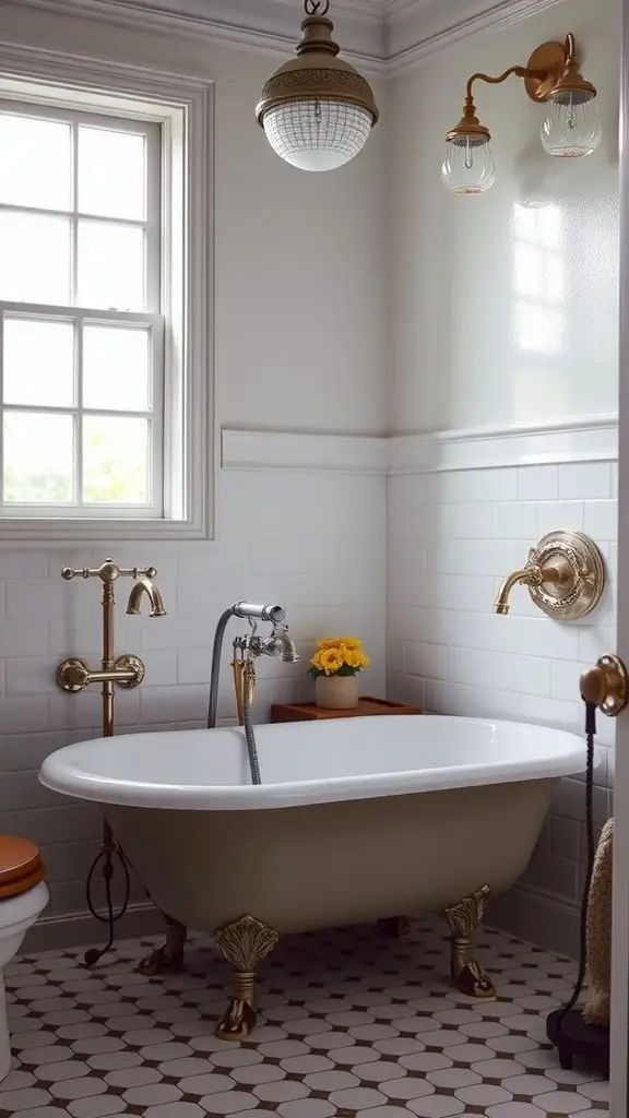 A stylish vintage-inspired bathroom featuring a clawfoot tub, gold fixtures, and charming lighting.