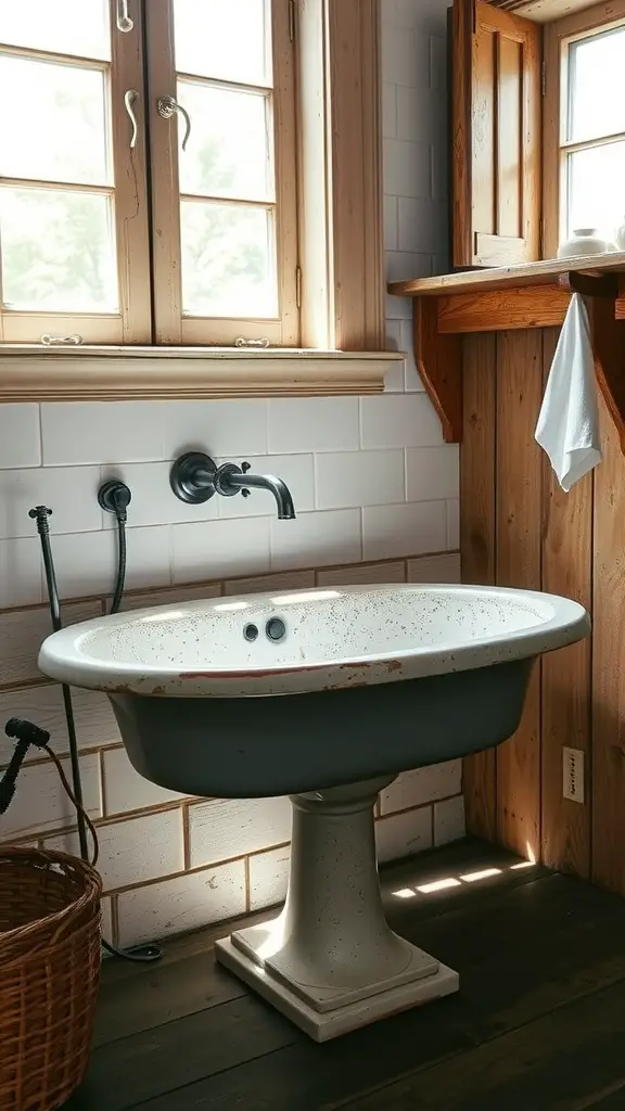 Vintage-style cast iron basin in a rustic bathroom setting with wooden accents and natural light.