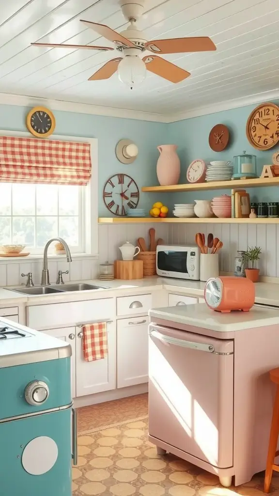 A cozy vintage-style kitchen featuring soft colors, retro appliances, and decorative accents.