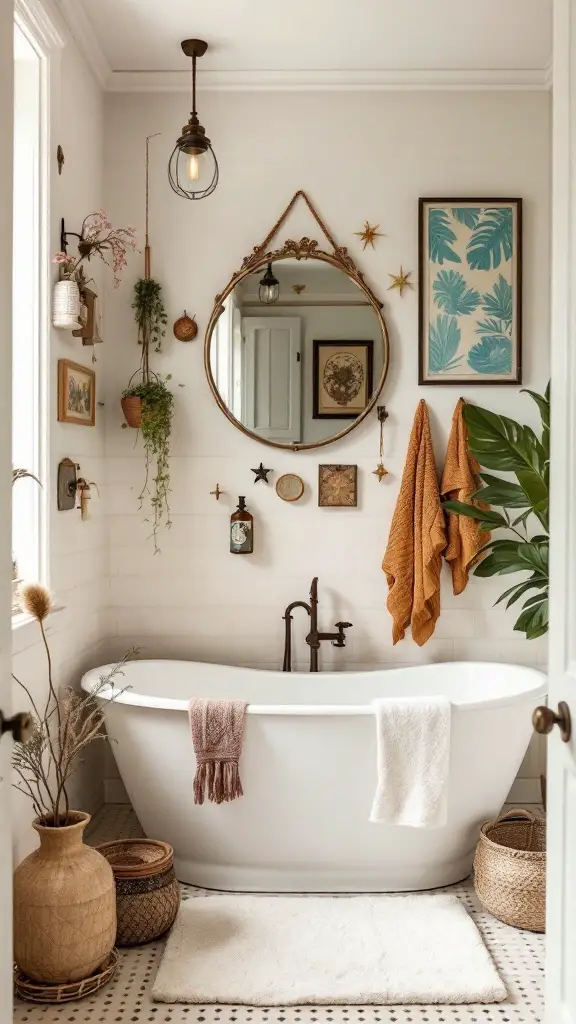 A stylish bathroom featuring vintage accessories, including framed artwork, mirrors, and woven baskets.