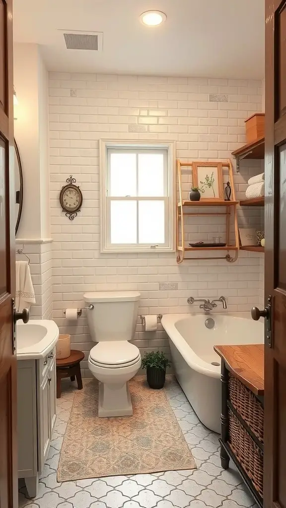 A cozy bathroom featuring reclaimed wood shelves, a round mirror, and vintage decor for a hippie vibe.