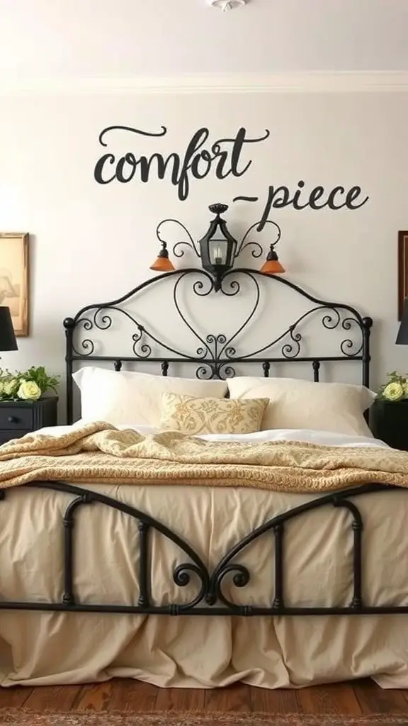 Vintage black wrought iron headboard in an earthy bedroom setting.