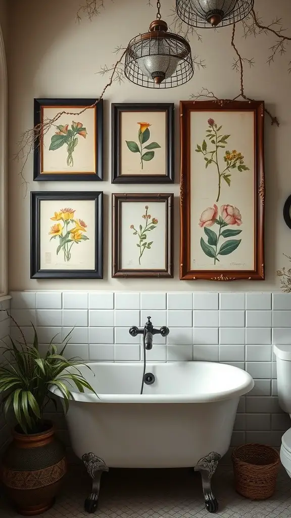 A vintage-inspired bathroom featuring botanical prints on the wall, a clawfoot bathtub, and potted plants.