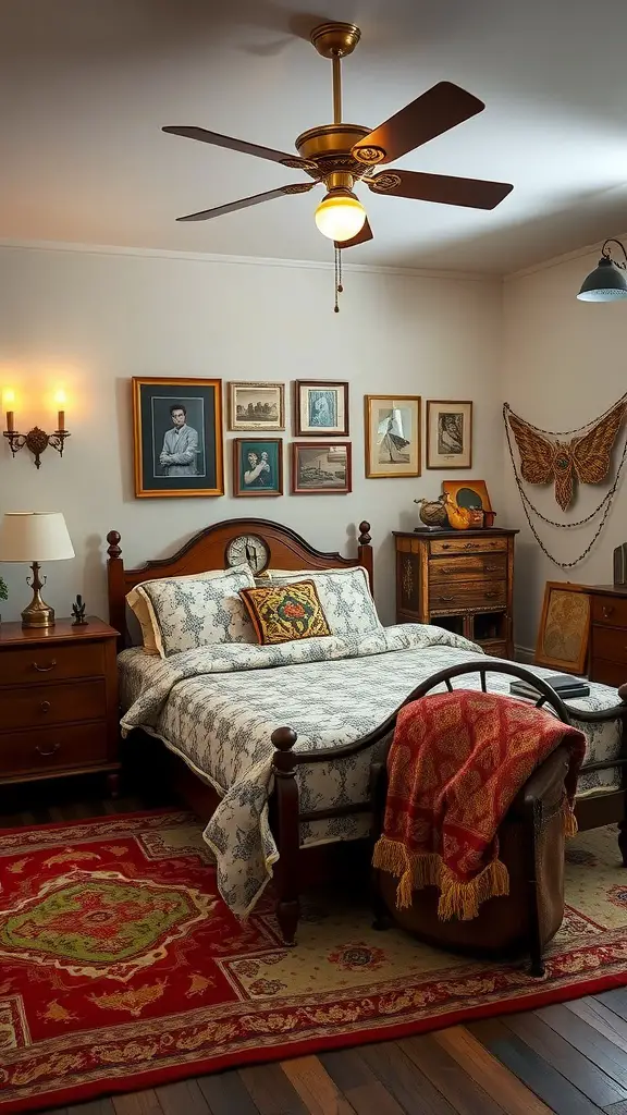 A vintage-inspired room with retro furniture, floral-patterned sofa, wooden tables, and a mix of wall art including family photos.