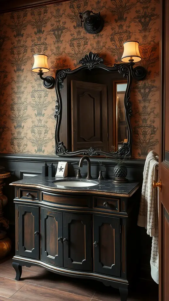 A vintage bathroom featuring a dark chocolate vanity, ornate mirror, and floral wallpaper.