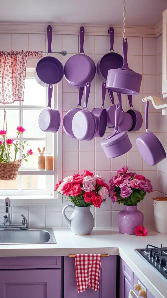 A cozy vintage kitchen featuring purple pots and pans hanging above a white countertop with flowers and checkered towels.