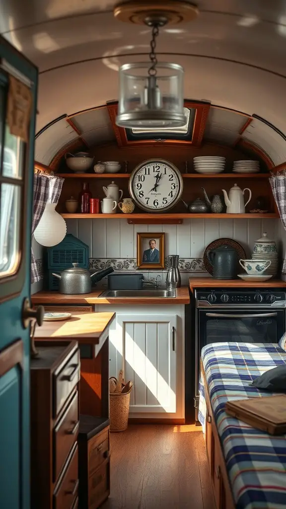 A cozy small camper kitchen with vintage decor, featuring wooden cabinetry, a classic clock, and charming dishware.