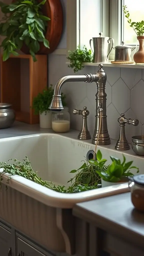 Vintage farmhouse sink with fresh herbs and strawberries