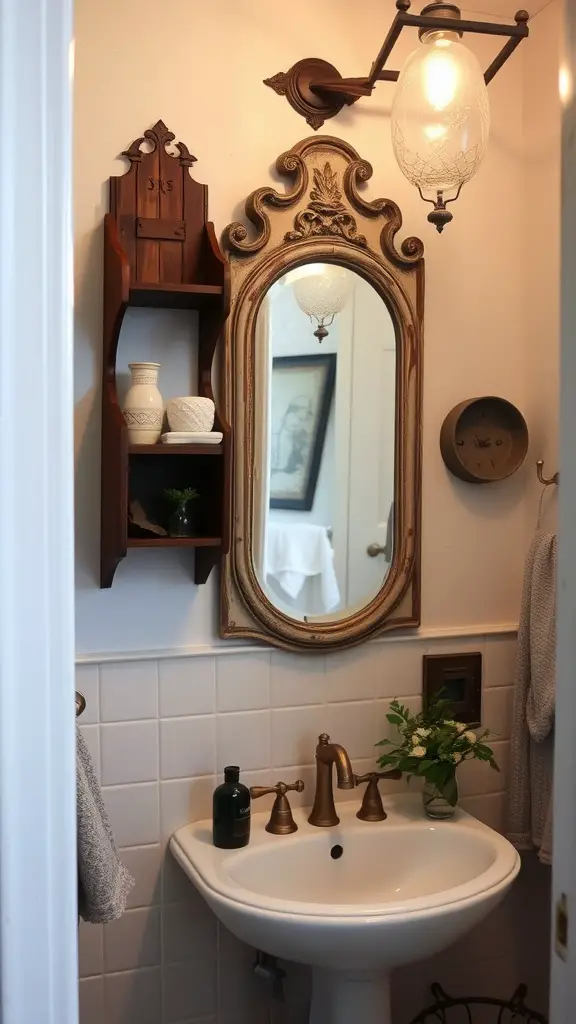 A vintage-styled bathroom featuring a pedestal sink, ornate mirror, and stylish decor on shelves.