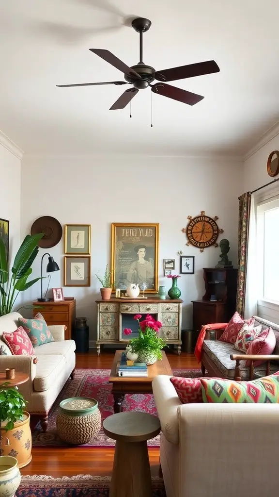 A cozy living room featuring vintage decor and earthy tones with plants and artwork.
