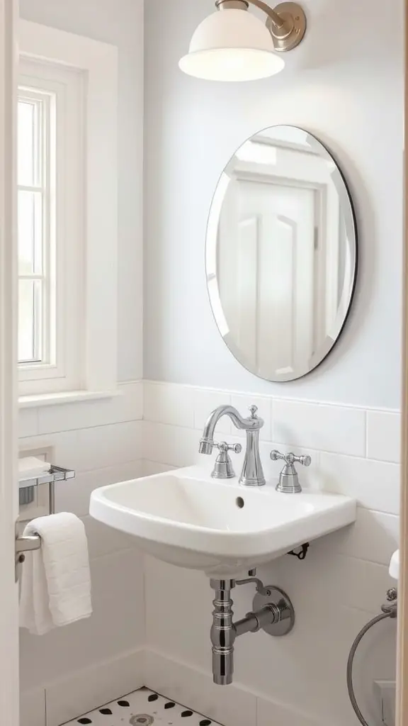 A vintage-style bathroom featuring a wall-mounted sink, classic faucets, a round mirror, and a stylish light fixture.