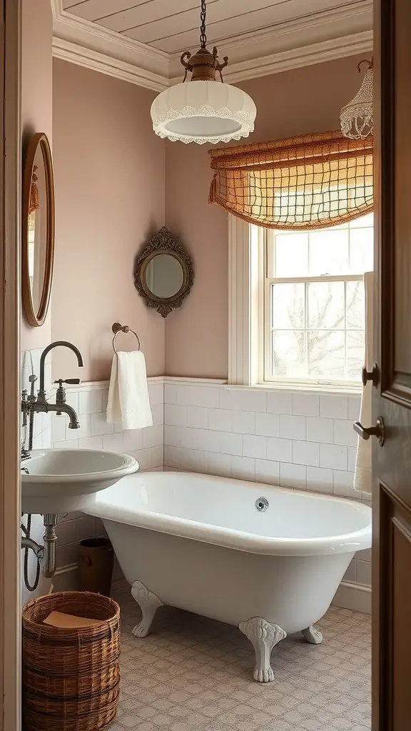 A vintage-style bathroom featuring a pink clawfoot tub, brass fixtures, and patterned floor tiles.