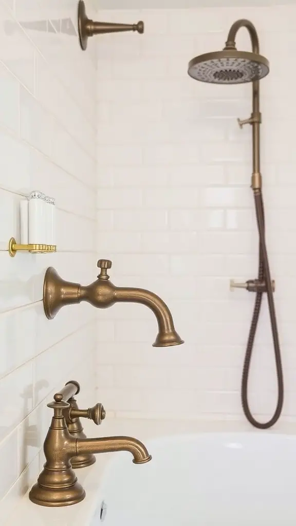 Vintage bathroom fixtures including an elegant faucet and a classic showerhead against white tiled walls.