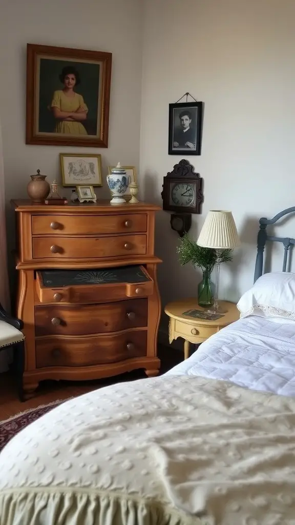 A vintage wooden dresser adorned with framed portraits and decorative items in a cozy bedroom