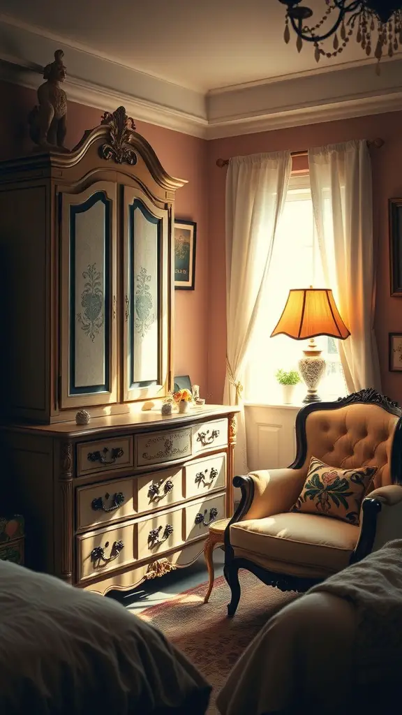 A cozy bedroom corner featuring vintage furniture, including a tufted armchair and ornate cabinet, with framed pictures on the wall.