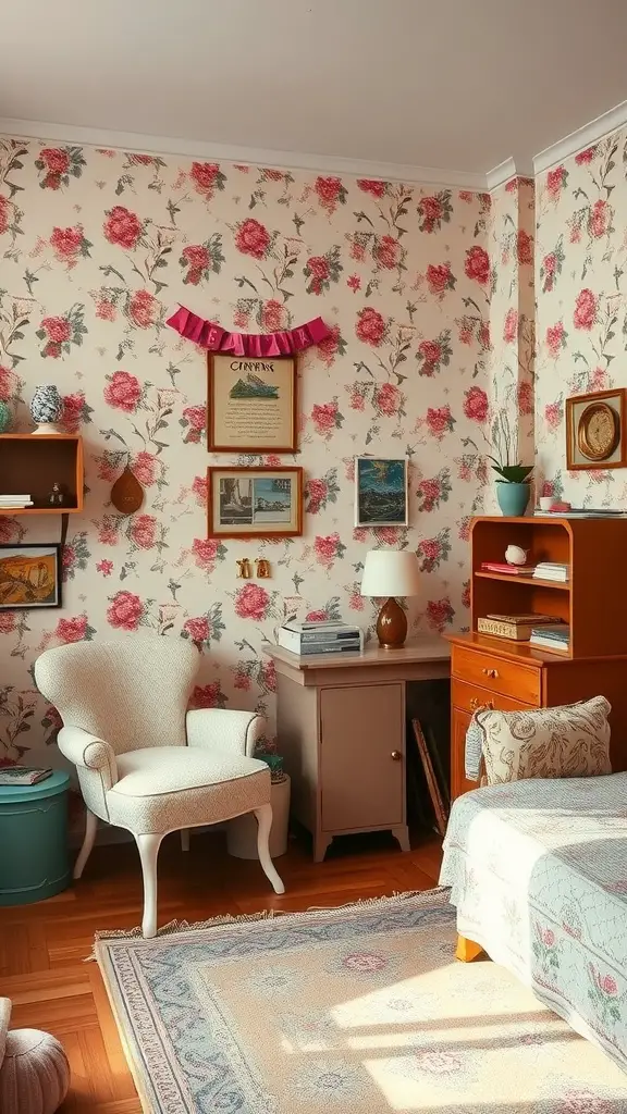 A cozy vintage glam teenage room with floral wallpaper, an elegant armchair, wooden furniture, and decorative art.