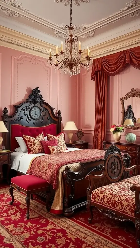 A vintage styled room featuring burgundy walls, a chandelier, a fireplace, and elegant furniture.