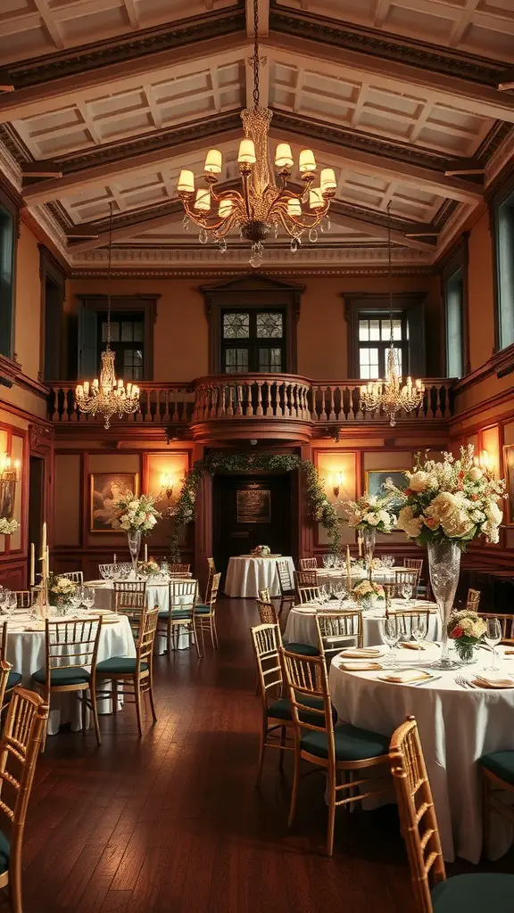 Interior of a historic mansion with elegant chandeliers, tables set for a wedding reception, and ornate woodwork