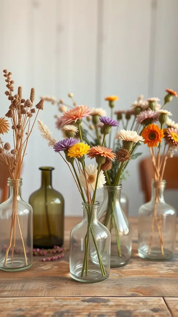 A collection of vintage glass vases filled with dried flowers on a wooden table.