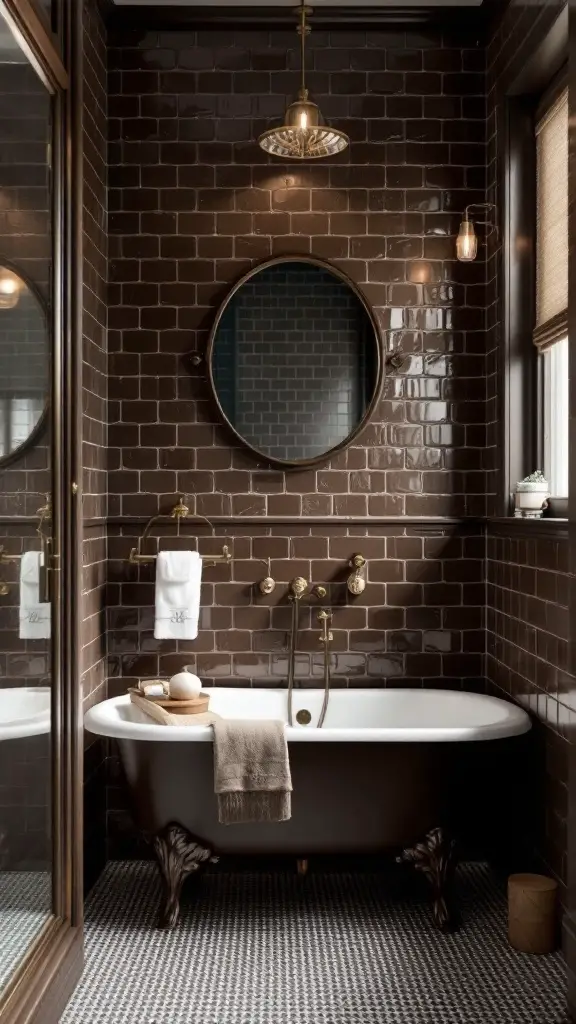 Vintage bathroom with chocolate brown tiles and dark wood accents, featuring a white sink and natural light.