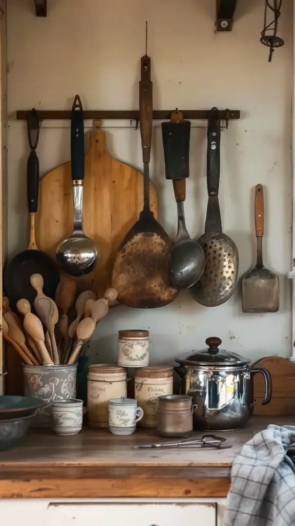 A collection of vintage kitchen tools displayed on wooden shelves.