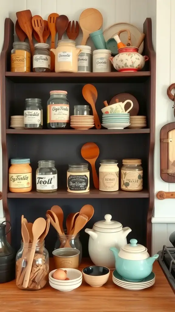 A vintage kitchenware display featuring colorful bowls, jars, and wooden utensils on shelves, creating a cozy atmosphere.