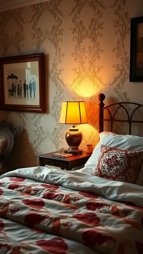 A vintage lamp with a warm glow on a bedside table next to a bed.