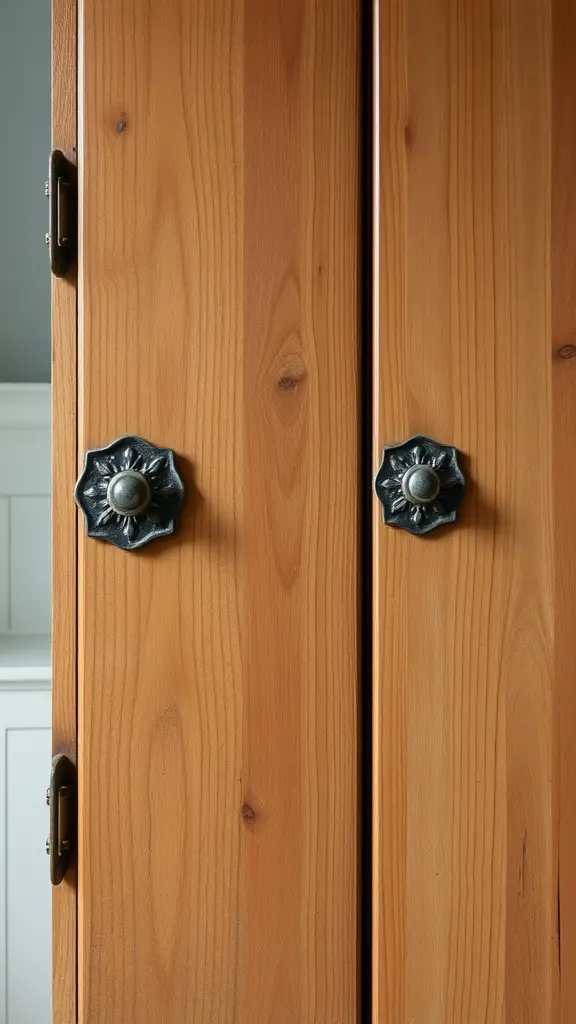 Close-up of vintage metal knobs on wooden bathroom cabinets
