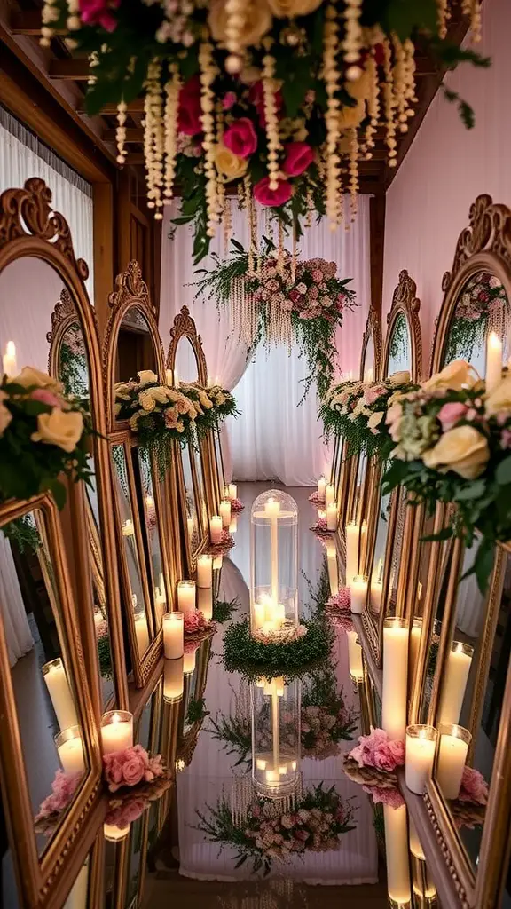 A wedding ceremony aisle decorated with vintage mirrors and candles.