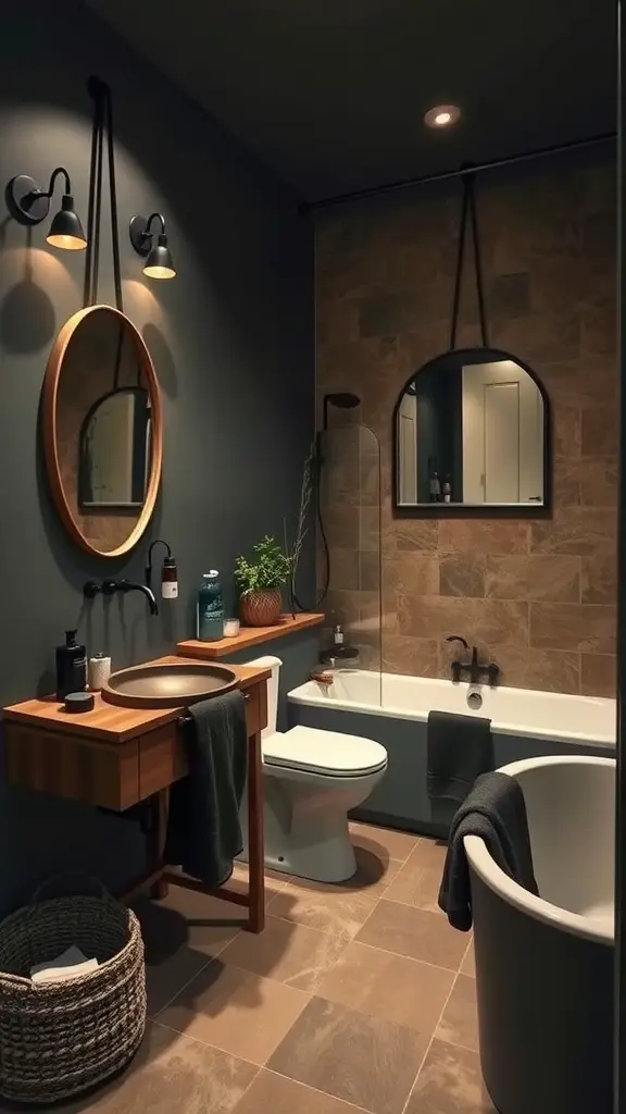 A cozy bathroom featuring vintage mirrors with wooden and sleek designs, earthy tones, and stylish fixtures.