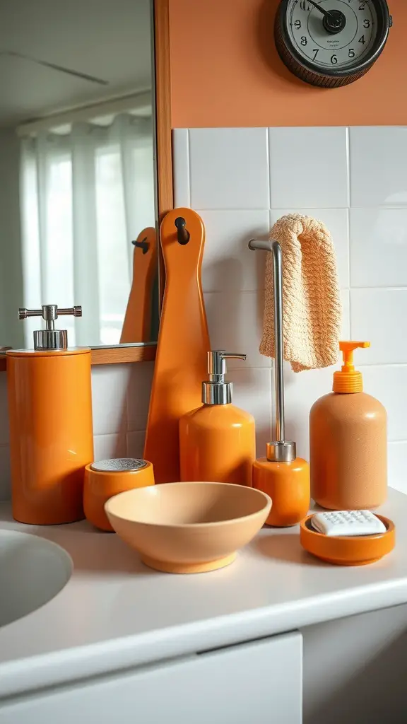 Vintage orange bathroom accessories arranged on a countertop