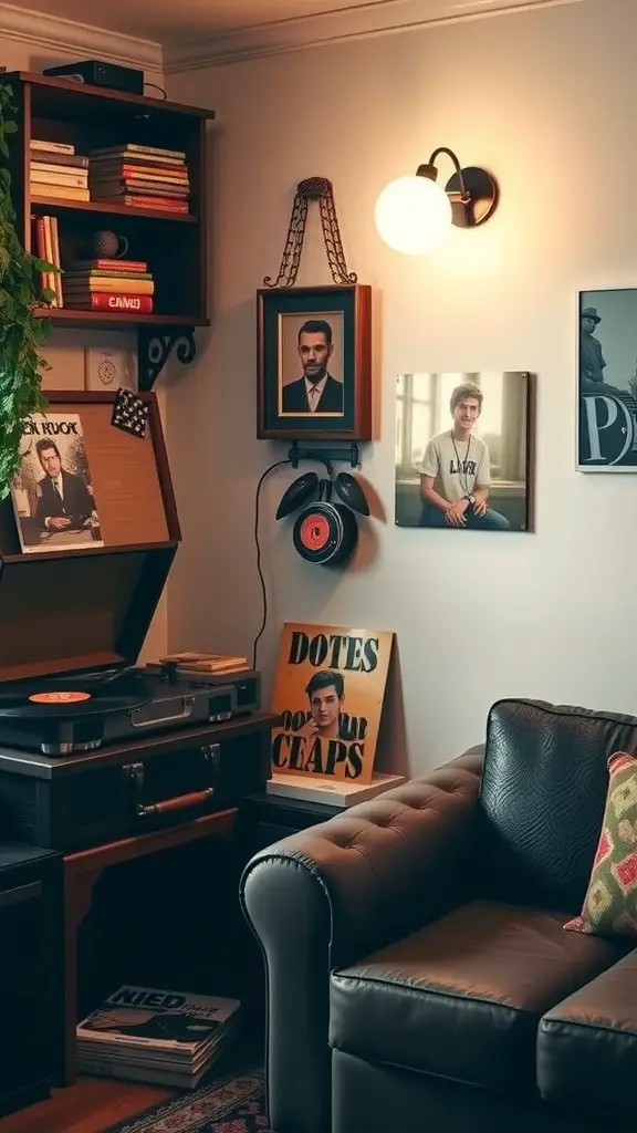 A cozy vintage record player setup with album covers on the wall, a comfortable chair, and books.