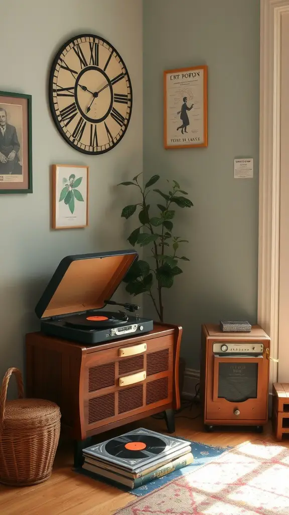 A cozy corner featuring a vintage record player, retro radio, and wooden decor in a soft-colored room.