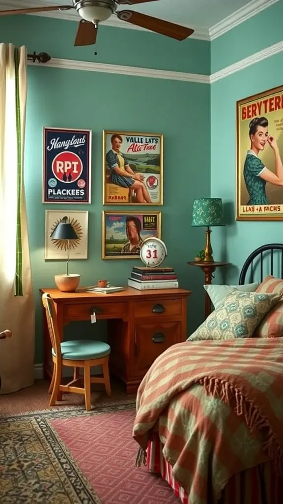 A cozy bedroom decorated in a vintage retro style with posters, wooden furniture, and a warm color palette.