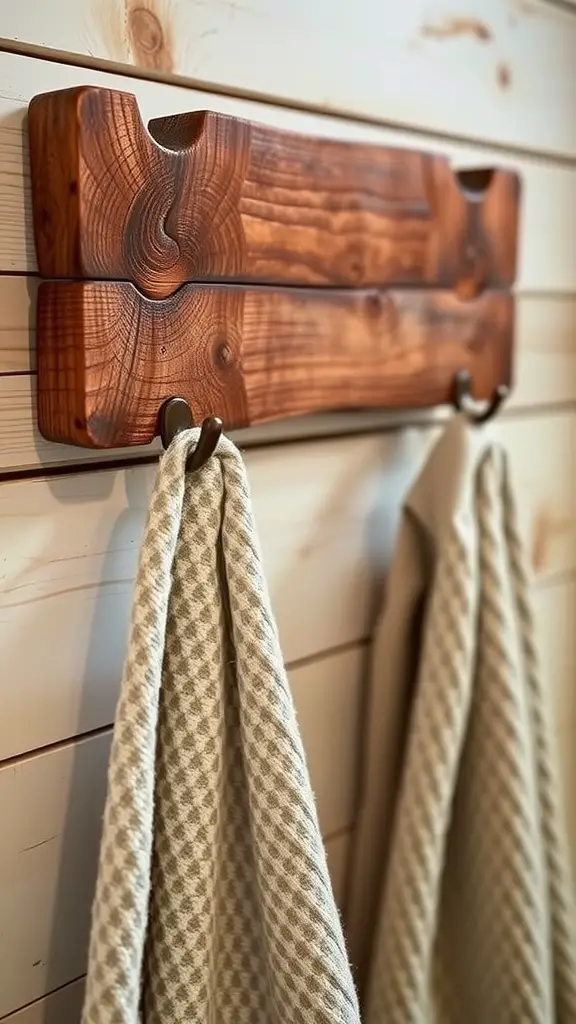 Two vintage wood towel hooks mounted on a wall with white towels hanging from them.