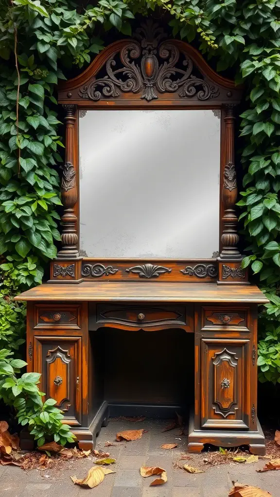 An ornate vintage wooden vanity with a large mirror, surrounded by lush greenery.