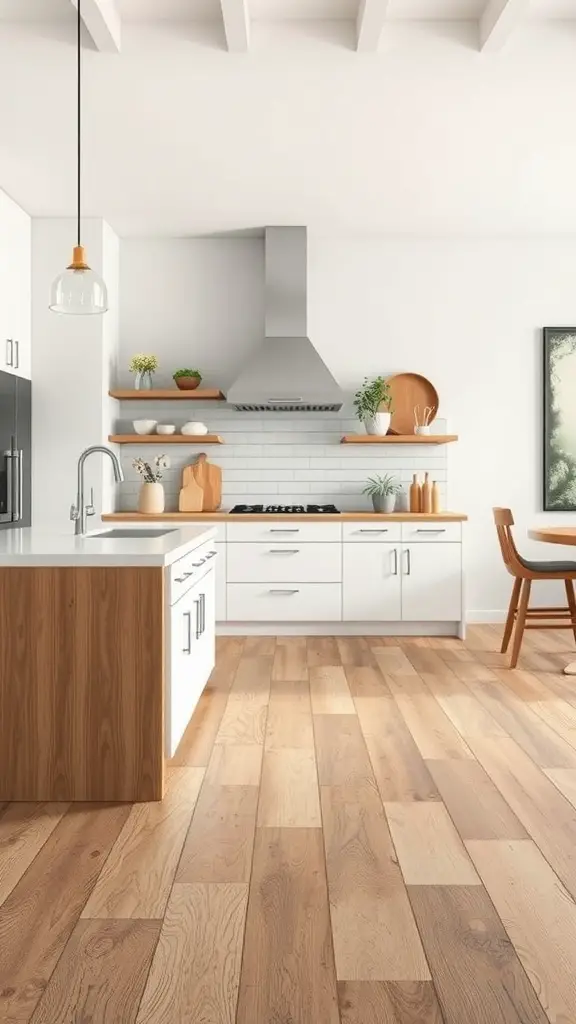 A modern kitchen with vinyl planks featuring earthy textures, showcasing a cozy and inviting atmosphere.