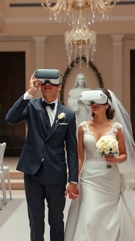 A couple in wedding attire wearing virtual reality headsets, holding hands in a beautifully decorated venue.