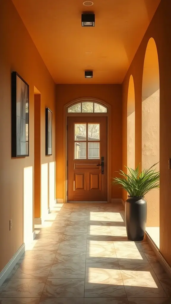 A hallway with warm caramel walls and soft charcoal accents, featuring natural light and a potted plant.