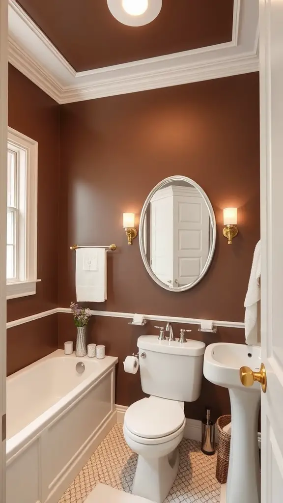 Cozy bathroom with chocolate brown walls and white trim.