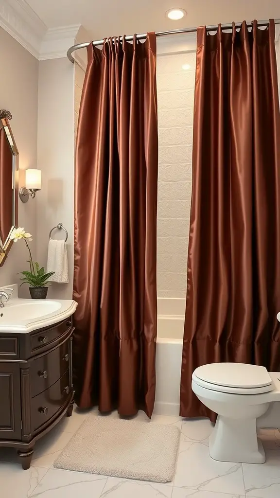 A bathroom with warm chocolate satin shower curtains, a dark wood vanity, and a neutral-colored decor