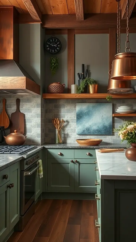 A cozy kitchen featuring warm copper accents and earthy sage cabinets, with wooden beams and flooring.