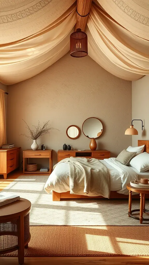 A serene bedroom featuring warm earth tones, soft textiles, and natural wooden furniture.
