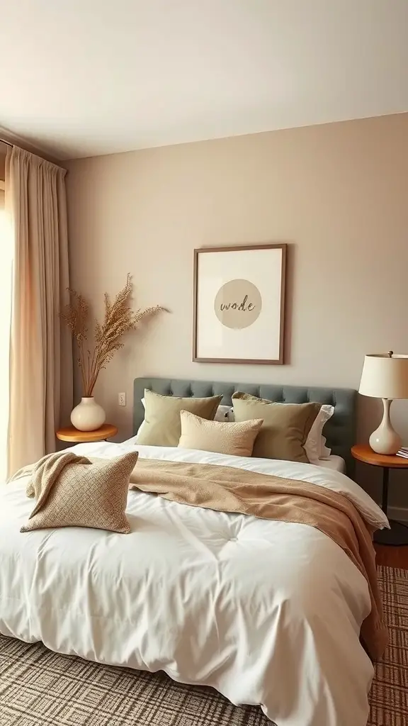 A cozy master bedroom featuring warm earth tones, a comfortable bed with soft pillows, and natural decor elements.