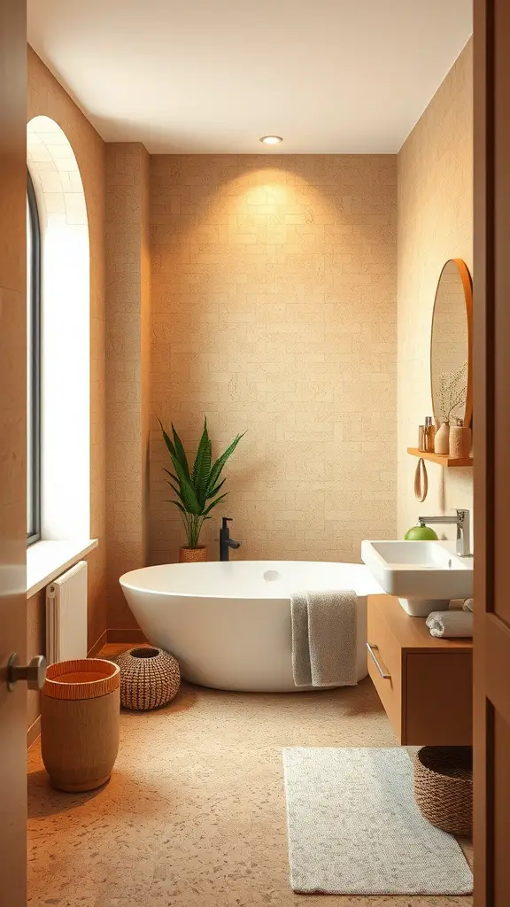 A cozy bathroom with warm earth tones, featuring a large soaking tub, wooden accents, and greenery.