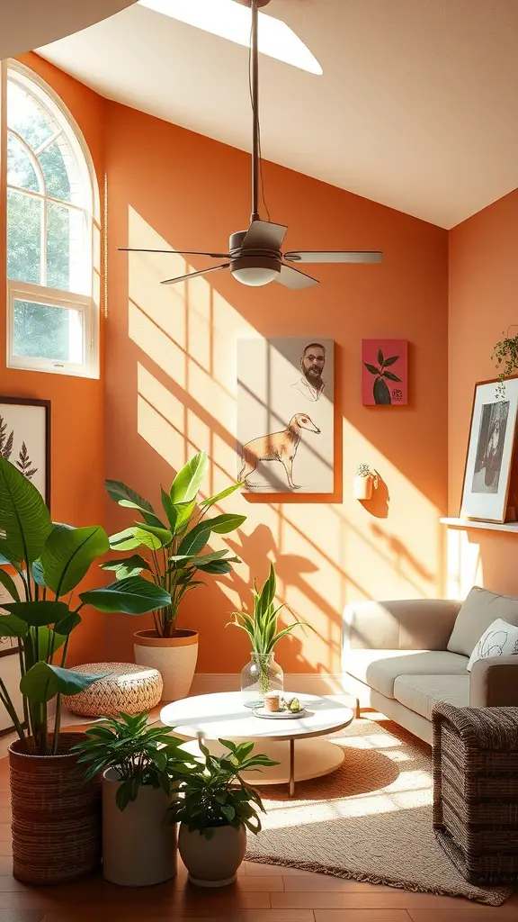 A cozy living room with warm terracotta walls, wooden furniture, and green plants, showcasing a nature-infused vibe.