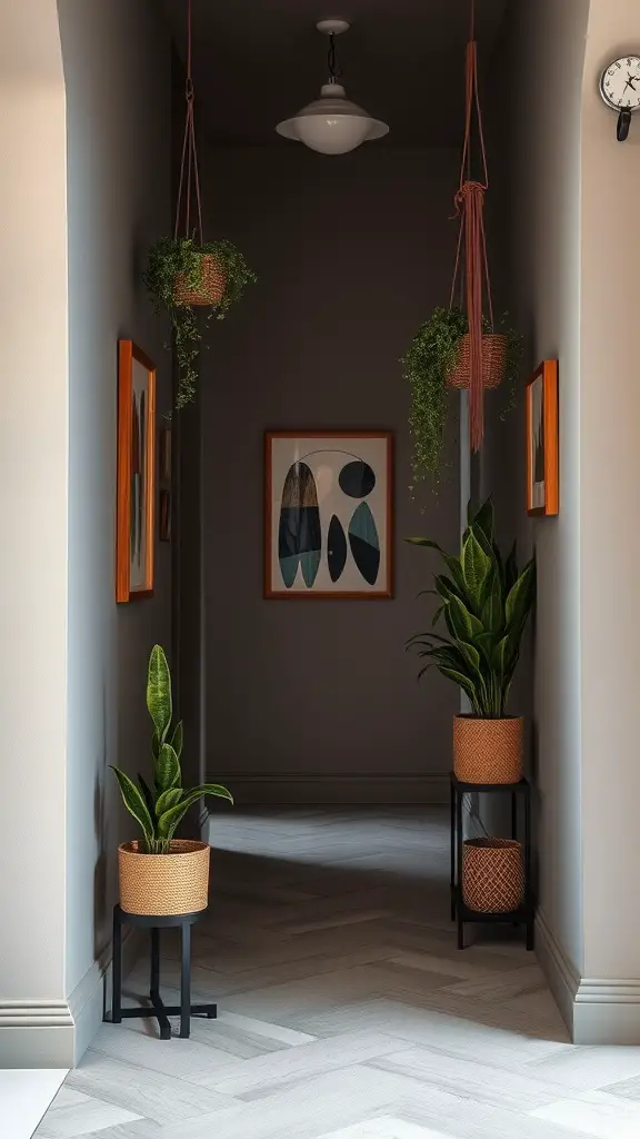 A cozy hallway featuring warm gray walls, hanging plants, and framed artwork, embodying a bohemian vibe.