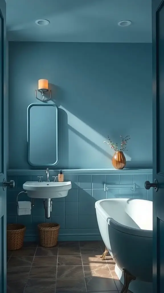 A blue and chocolate bathroom with warm lighting, featuring a sconce and a stylish bathtub