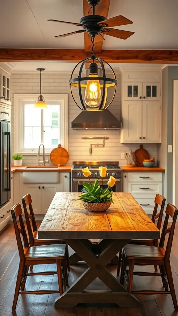A cozy kitchen with warm pendant lighting over a wooden table, creating a welcoming atmosphere.