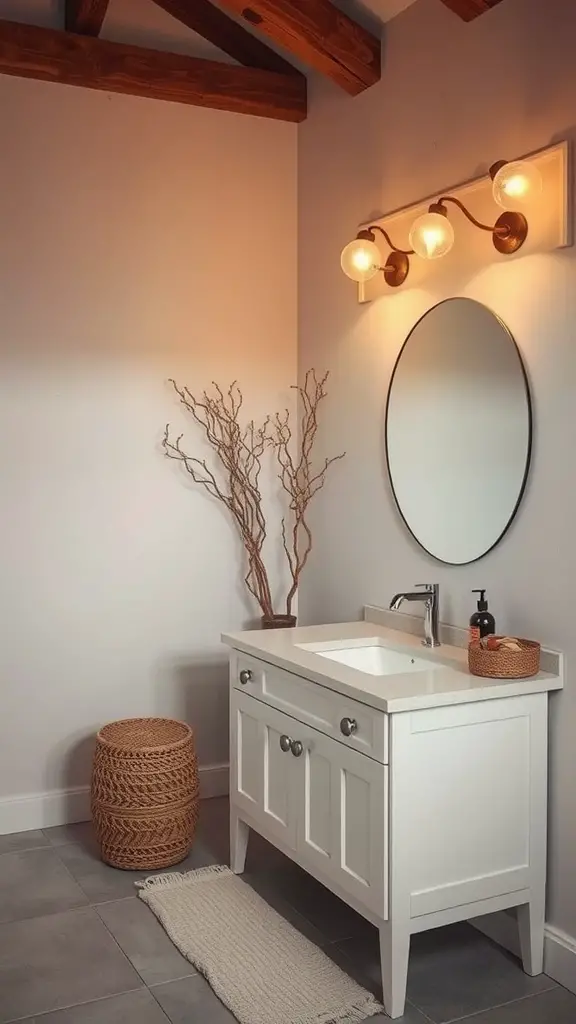 A cozy bathroom featuring warm lighting fixtures, a white vanity, and earthy decor elements.